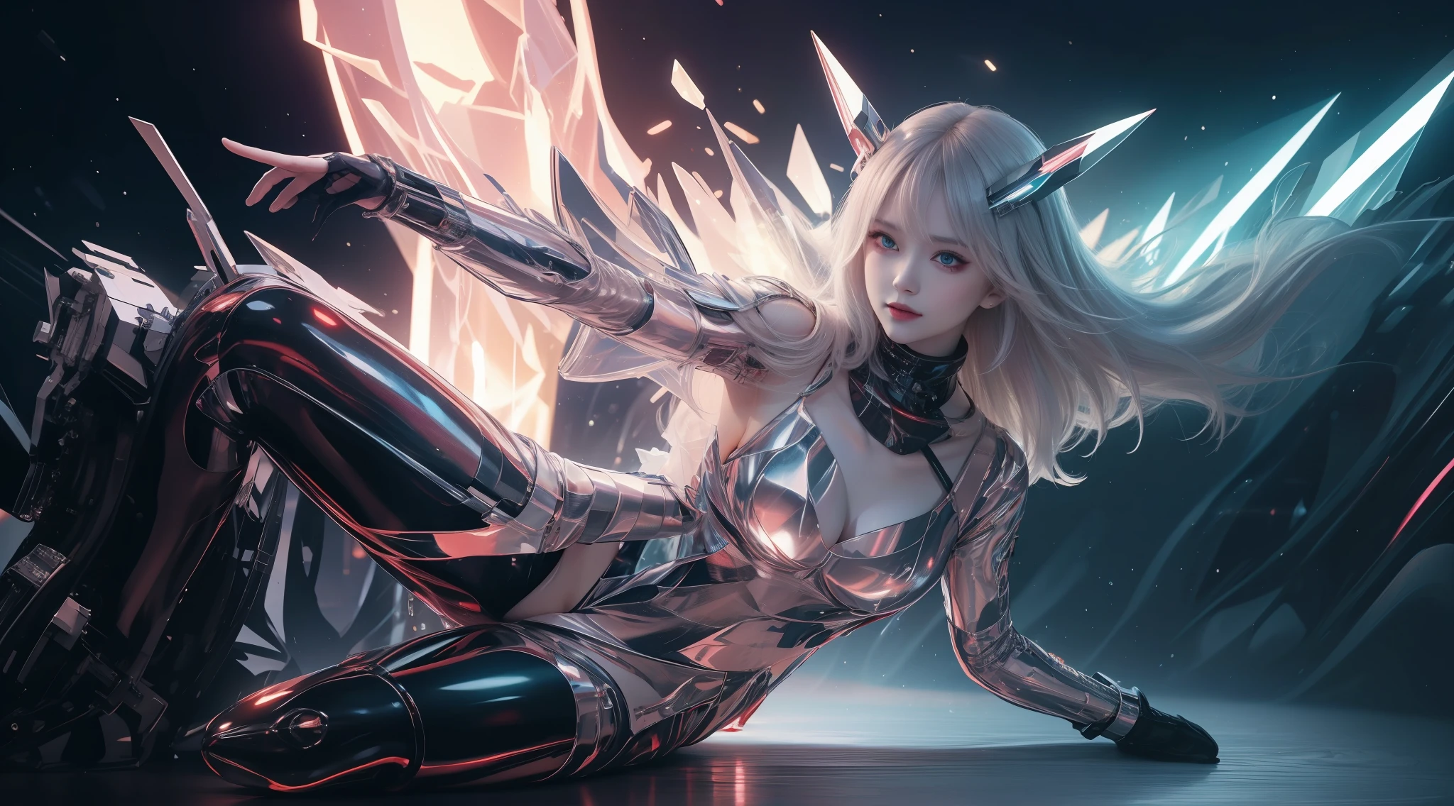 8k ultra high definition, tmasterpiece, A beautyful girl, 詳細な目, Good face, Detailed eyebrows, Cyberpunk costumes, white apparel, cyber punk personage, cyber space, cyberpunk shiny background, neon-light-effect, Diffusion illumination, red lights, Full body capture, complete image,