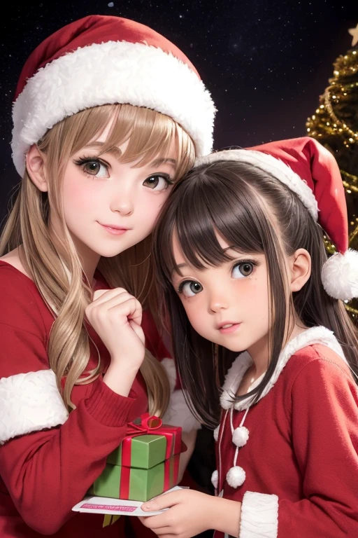 2 girls, cute  girls in santa claus costume, 10 yo, snowy night, reindeer 🦌, close-up view, dance on snow, dozen of gifts boxes squattering around, many many gifts 🎁🎁🎁🎉🎉🎉, purple sky, milky way, weaving golden hair, Christmas trees 🎄 🎄 🎄 🎄 🎄 🎄, Christmas eve, ((epic oil painting)), highly detailed, dramatic hazy light, in style of Norman Rockwell, carne Griffiths;