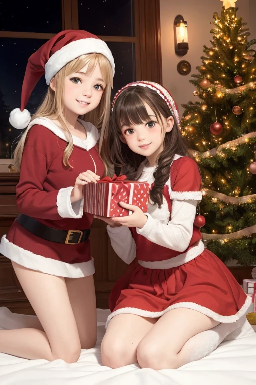 2 girls, cute ***********s in santa claus costume, 10 yo, snowy night, reindeer 🦌, close-up view, dance on snow, dozen of gifts boxes squattering around, many many gifts 🎁🎁🎁🎉🎉🎉, purple sky, milky way, weaving golden hair, Christmas trees 🎄 🎄 🎄 🎄 🎄 🎄, Christmas eve, ((epic oil painting)), highly detailed, dramatic hazy light, in style of Norman Rockwell, carne Griffiths;