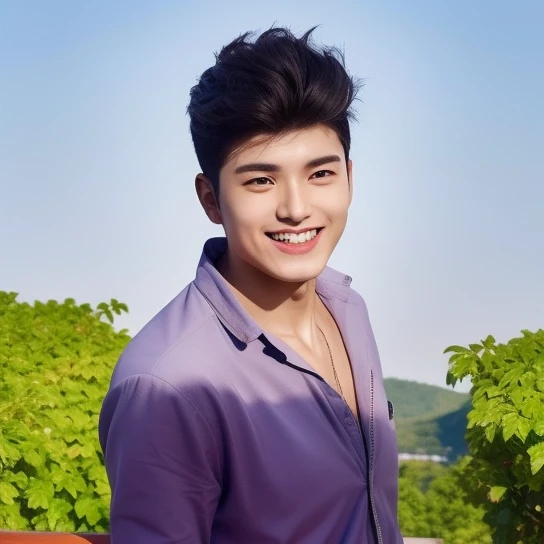 top-quality, masterpiece, 超A high resolution, (realisitic: 1.4), Original photo, wall-, Head Photo, The skin, background, Black eyes, detaileds, selfy, 1 boys, 18 years old, a handsome, breezing, rays of sunshine, Duan、a room、Amazing handsome man、Cute、Center Part、perm、Johnny's、A face like Ryosuke Yamada、Refreshing、not too thick eyebrows、orthodox christianity、a smile、musculature, full body, k pop looks Korean outfit looks, cinematic lightning, sad smile closed mouth