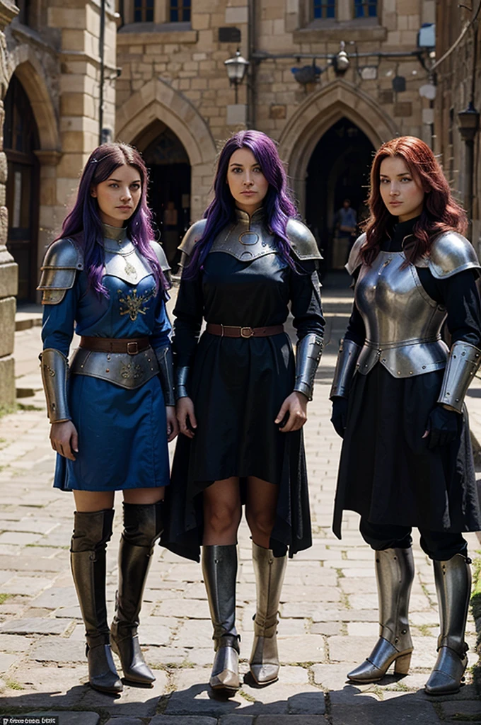 Sully, a picture of two medieval city, they have long violet hair and violet eyes, and one of them has no beard and the other has a violet beard. Make them wear armor and a golden jewel on their chest.