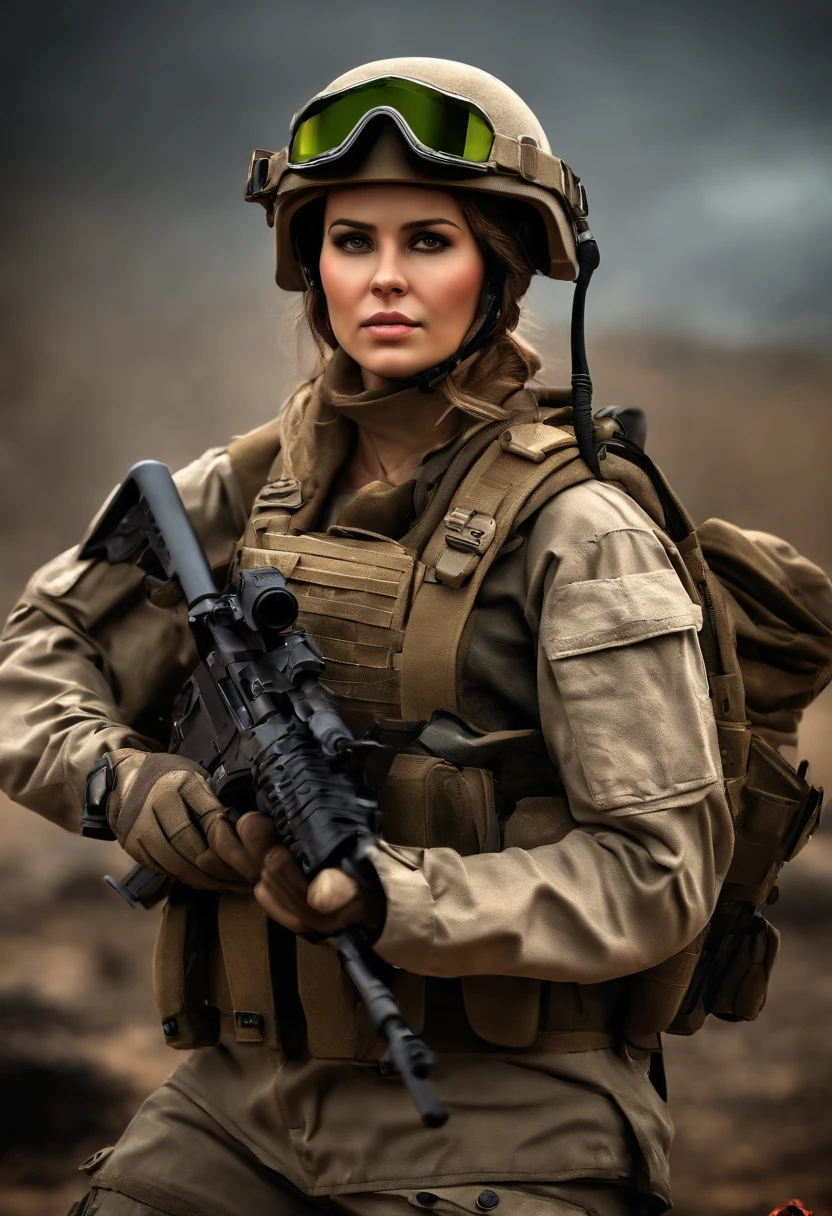 best quality,ultra-detailed,realistic:1.37,Military medic female 25 y old, post apocalyptic combat uniforms,tactical gear,protective helmets,,great figure and confident,stern expressions,dynamic poses,intense action,military backdrop,HDR,vivid colors,professional