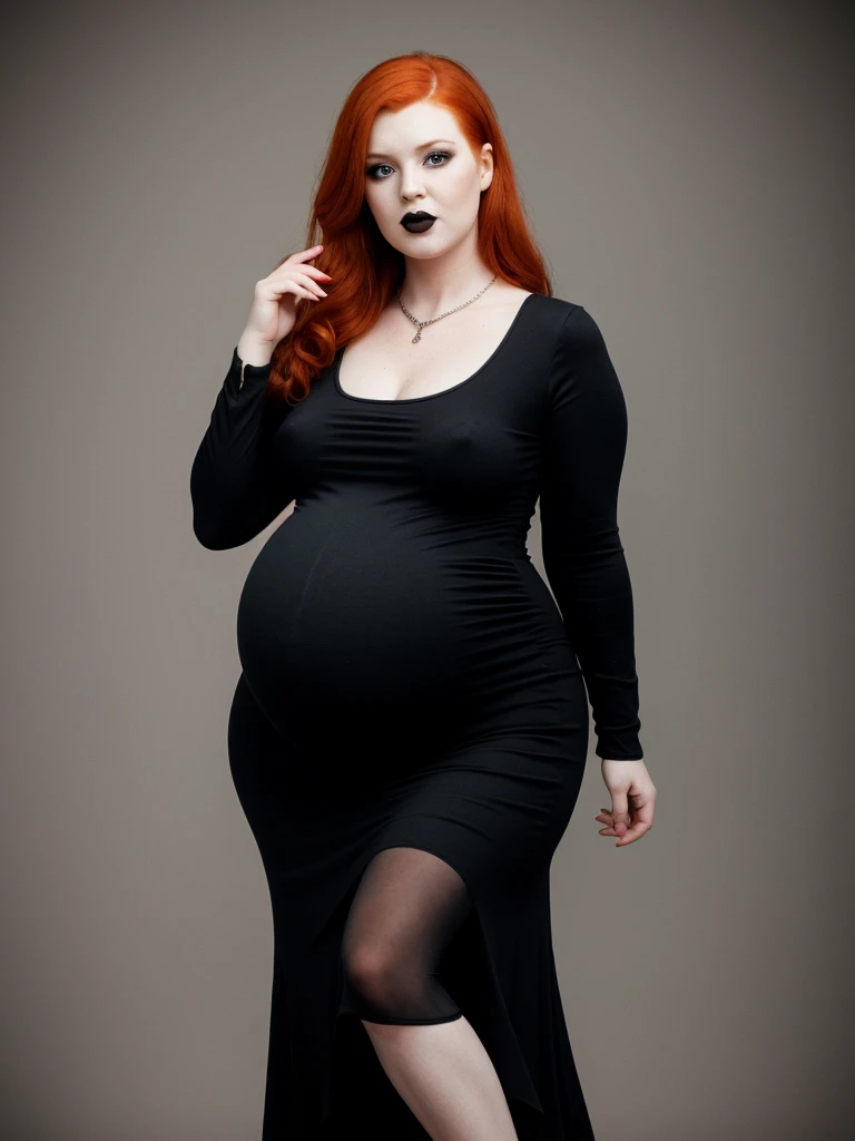 A chubby, pregnant, redhead, goth dress woman