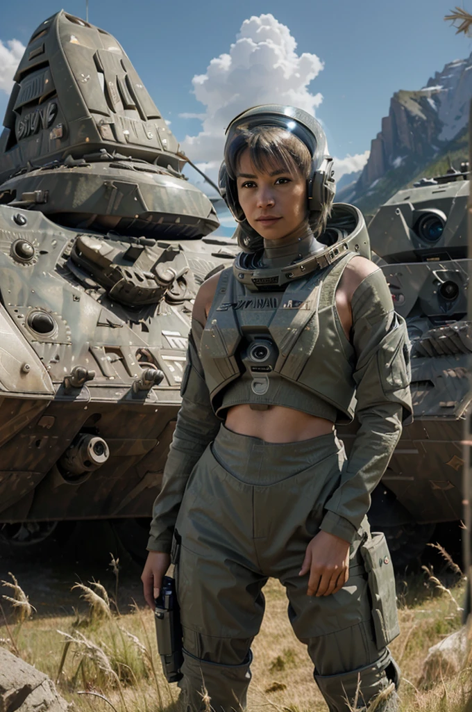 award winning (full body:0.8) (portrait photo:1.3) of a young female (sci-fi astronaut:1.3) with a (army tank:1.4), (Stargate:1.4), looking out over a verdant alien planet, (mountains:1.2) (tall grass:1.4), rocks, fluffy clouds in the sky, trending on artstation, highly detailed, fine detail, intricate, (lens flare:0.6), (backlighting:0.8), (bloom:0.8), shallow depth of field