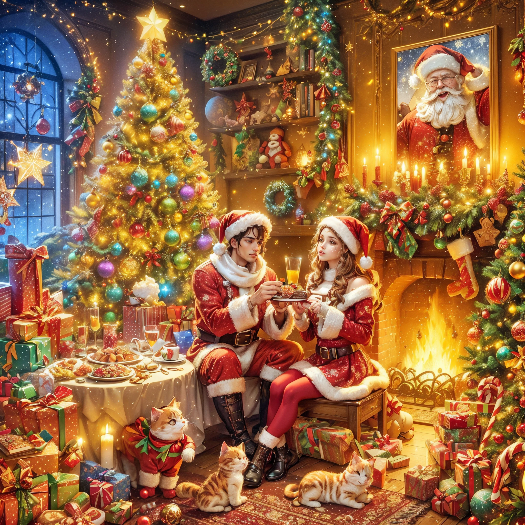 (((Vector illustration style)))，Bright colors, magical atmosphere, whimsical, sparkling, fantasy Christmas world, (vector illustration style Christmas), in a warm room, a male and female couple wearing Santa Claus costumes enjoy Christmas dinner.The room decorated with a tall Christmas tree, which covered with shining lights and colorful decorations.Next to it a pile of gift boxes, the exquisite packaging revealing expectations and surprises.A warm fire burns in the fireplace, various Christmas decorations are placed around it, and a funny portrait of Santa Claus hangs on the wall.Tempting Christmas delicacies such as gingerbread cookies, candy canes, candies, etc. are placed on the table.The kitten at the foot lying on the Christmas carpet, wearing a red scarf, and seems to be enjoying this warm moment.The whole room filled with a strong Christmas atmosphere, full of joy and warmth, which intoxicating, (Perspectives, first person perspective, Ghibltyle colors, with light glowing, 电影灯光, hyper HD, tmasterpiece, acurate, Anatomically correct, ctextured skin, super detailing, high detal, high qulity, Award-Awarded, Best quality at best, 4K)
