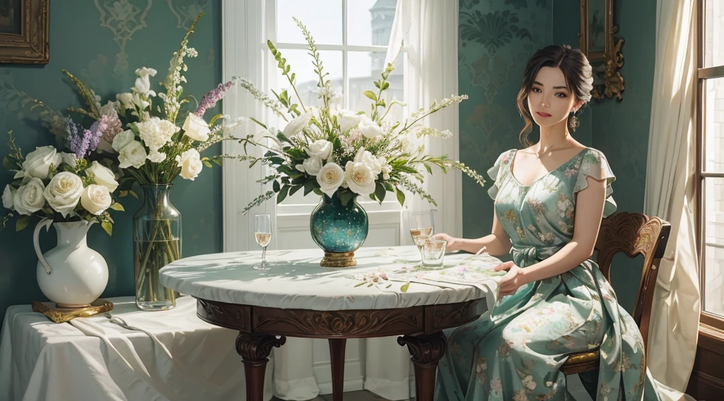 floral design,Exquisite vase,Vase with diamondeautiful flowers in the vase,Great variety,There a row of vases with various flowers,Placed side by side on a table covered with dark green silk cloth,fabric pleats,Realistic and realistic,OilPaintStyle,There a silver frame in the background,There a flower stand next to it