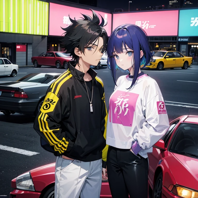 90s style anime of a ite sexy woman and spiky haired man with JDM cars and neon city behind them