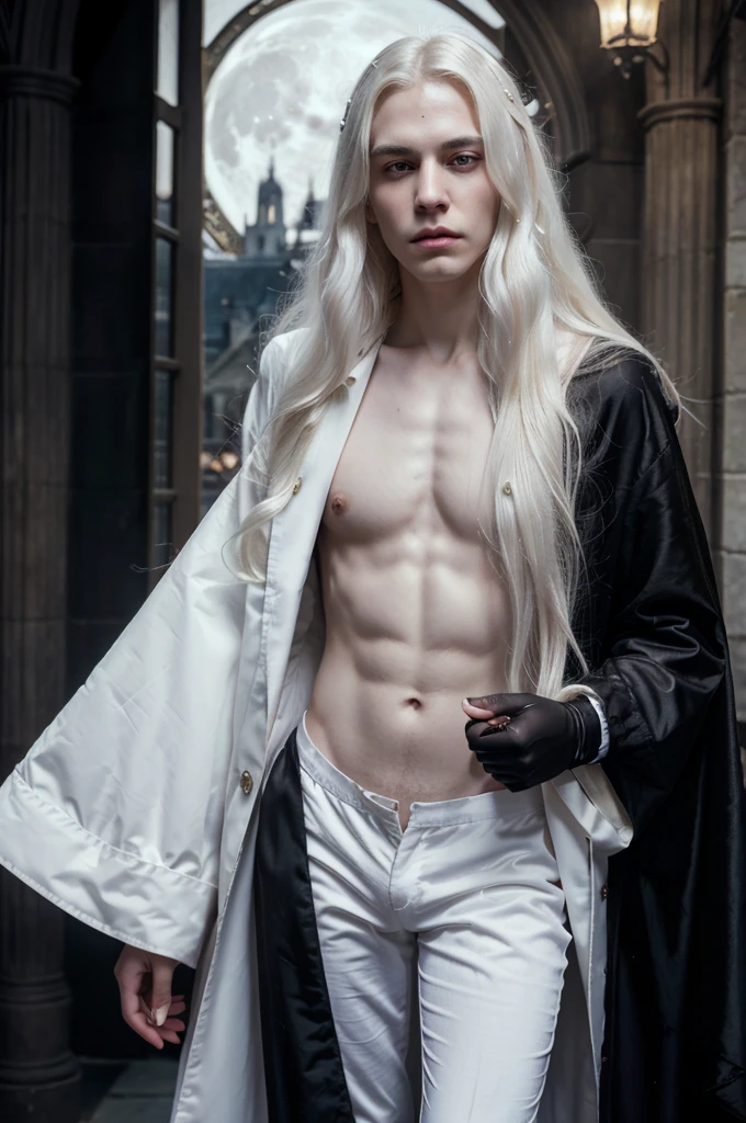 masterpiece, highest quality, (solo focus), (perfect face:1.1), (high detail:1.1),dramatic, 1guy, (pale skin), long white hair, white eyes, solo, long hair, moon, night, white luxury suit, vampire, covered navel, pouty lips, covered, victorian city, detailed background, gothic renaissance, cinematic lighting,
