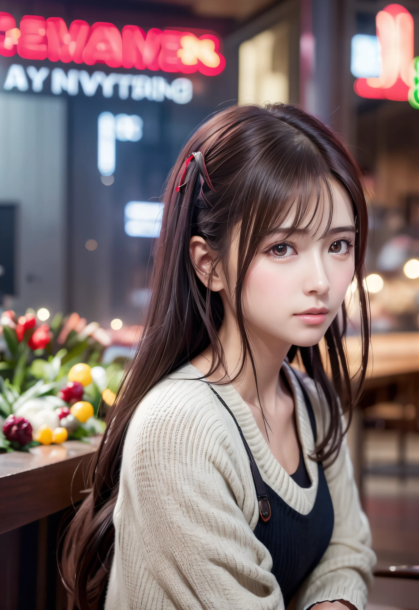 8K, of the highest quality, masutepiece:1.2), (Realistic, Photorealsitic:1.37), of the highest quality, masutepiece, Beautiful young woman, Pensive expression, Thoughtful look, Cafe clerk、Hair tied back, Cinematic background, Light skin tone