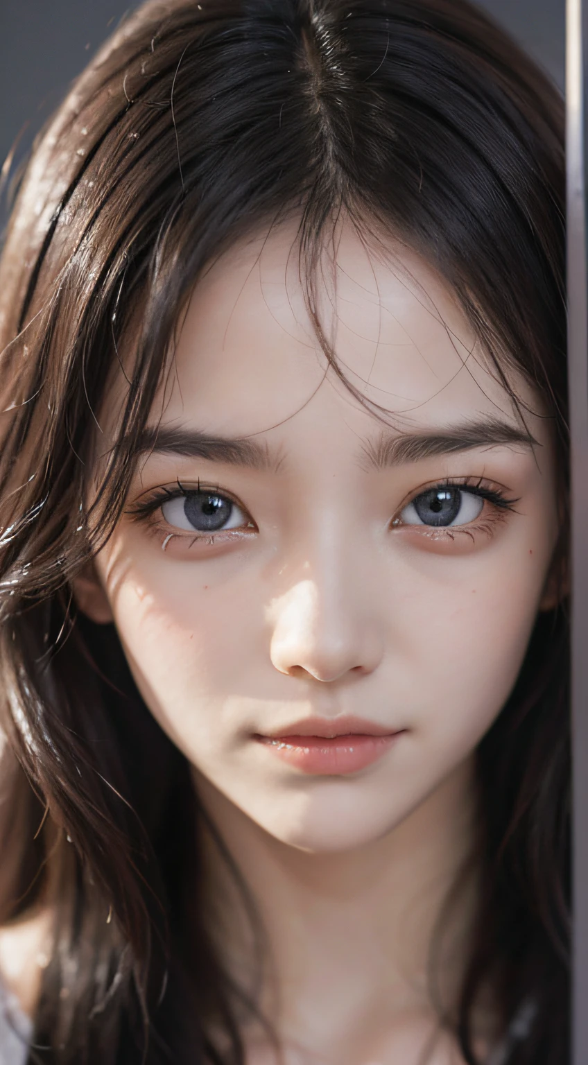 the ultra-detailed, A high resolution, 8K masterpiece (1.2), This portrait focuses on a close-up of a person&#39;s upper body. 黑The eye，No shadows on the face, Subject standing under photo studio lights, RAW photography style. Pure background. Lighting highlights the subject’s features, Create depth and shadows, While highlighting the atmosphere. The color  bright, The facial details of the characters are very exquisite, Has attractive eyes, delicate lips, and expressive facial expressions.