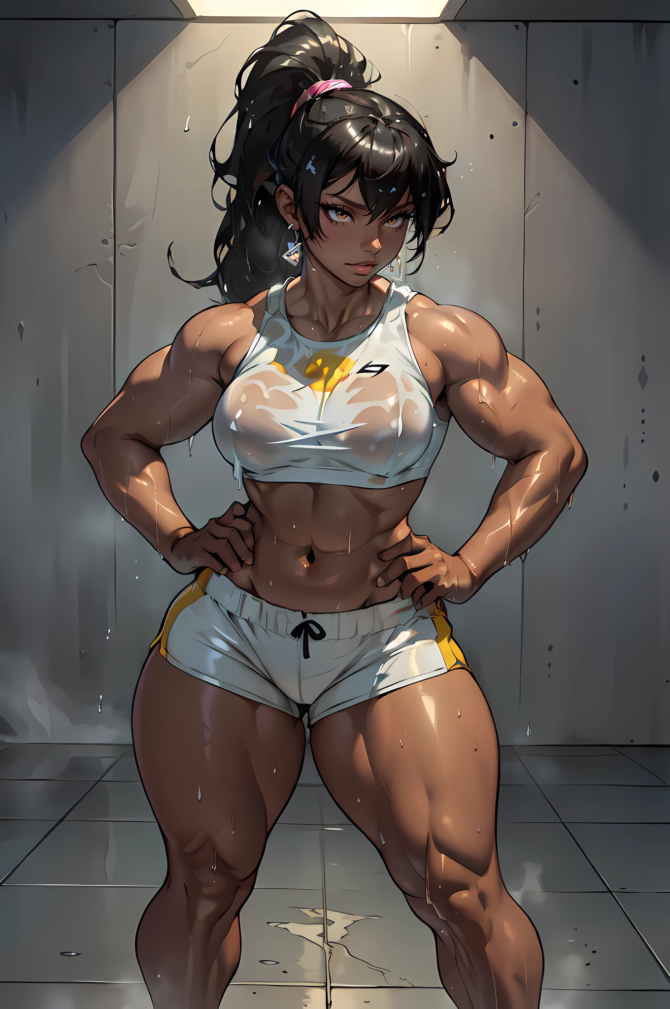 masterpiece, 1girl, (full body)

((dark skin)), ((((tall)))), toned, medium breasts, (((nagatiti))), (((thick thighs))), (((wide hips))), (chubby), long flowing hair, (ponytail with bangs), tight track bra, tight track shorts, grey background, (((wet and shiny skin))), studio lighting emphasizing the girl's athletic physique