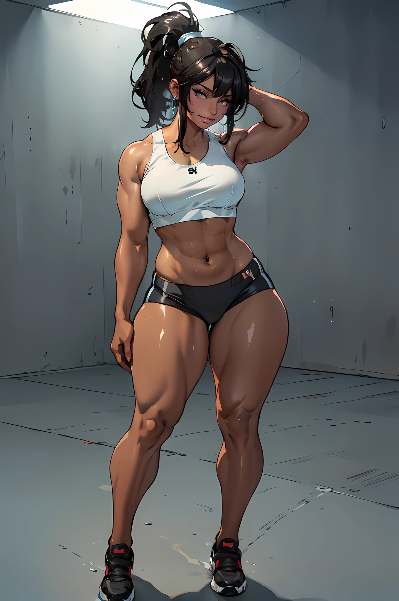 masterpiece, 1girl, (full body), (heroic pose)

((dark skin)), ((((tall)))), toned, medium breasts, (((nagatiti))), (((thick thighs))), (((wide hips))), (chubby), long flowing hair, (ponytail with bangs), tight track bra, tight track shorts, grey background, (((oily and shiny skin))), studio lighting emphasizing the girl's athletic physique