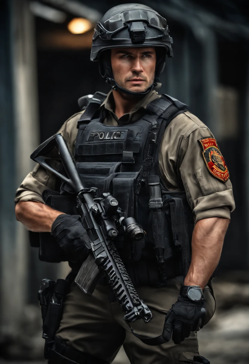best quality,ultra-detailed,realistic:1.37,police, post apocalyptic police uniforms,tactical gear,protective helmets,gun in one hand,strong and confident,stern expressions,dynamic poses,intense action,military backdrop,HDR,vivid colors,professional