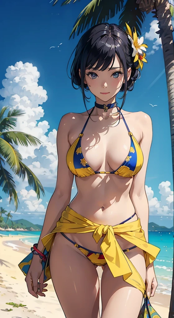 ​masterpiece、top-quality、超A high resolution、 [ 4 k digital art ]!!、 8k high quality detailed art、Wallpaper、 Detailed Digital Anime Art、Realisticity、Cinema Angle、hposing Gravure Idol、((One Beautiful Girl))、cute  face、 (((Detailed depiction of a beautiful face)))、kindly smile、年轻、Bikini swimwear、Photorealistic perfect body、(Bold ethnic patterns wrapped around the waist and skirt and plenty of primary colors)、light Particle、llight rays、Tropical、Against the background of palm trees on both sides、on a sunny beach、Against the background of the sea、blur backgroun、