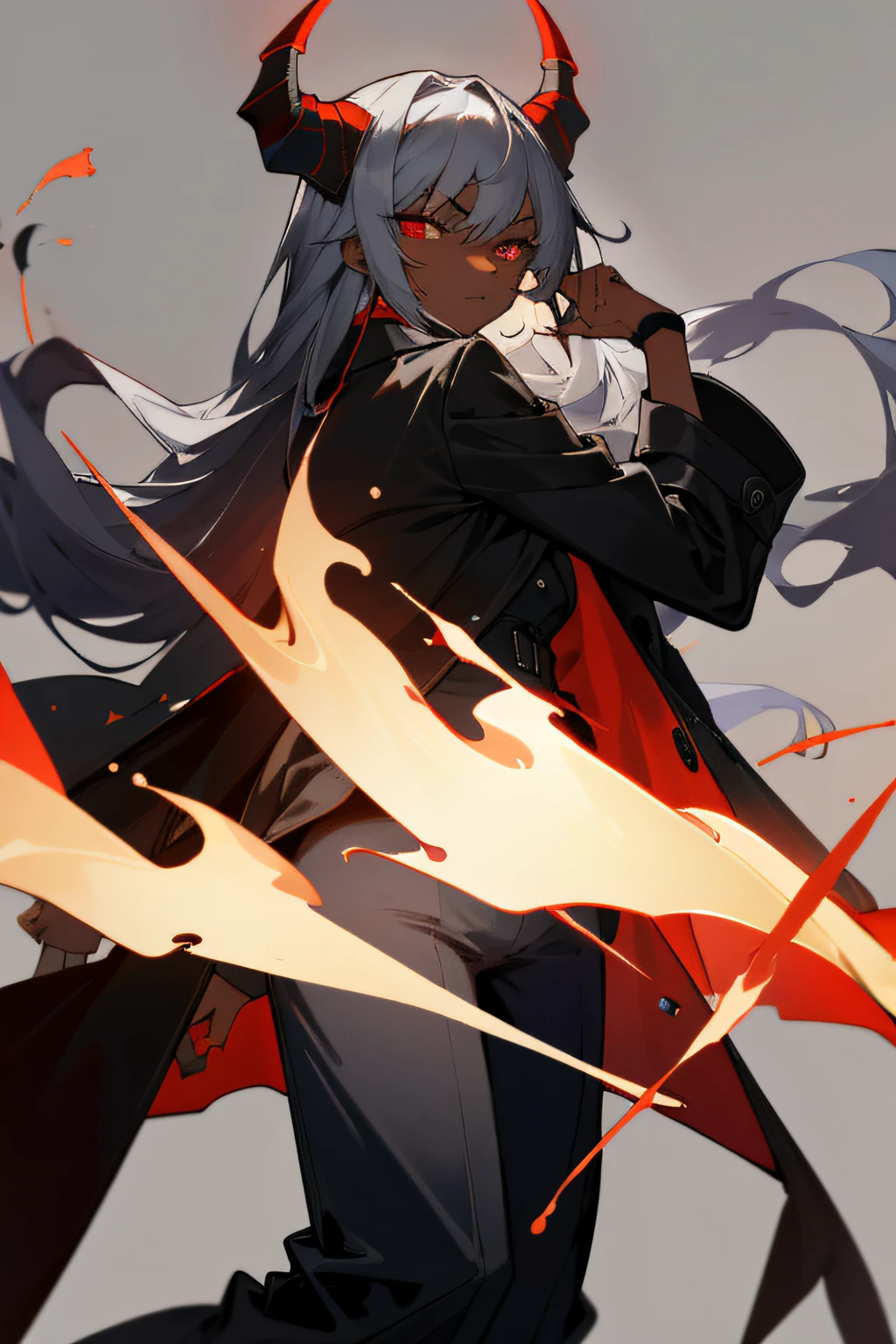 ((masterpiece:1.2, best quality)), 1girl, solo, masterpiece,best quality, demon, dark skin, silver long hair, red ember eyes, beautiful, thick black trench coat, layered clothing, demon horns, bullet proof, pants, not revealing, bloody background