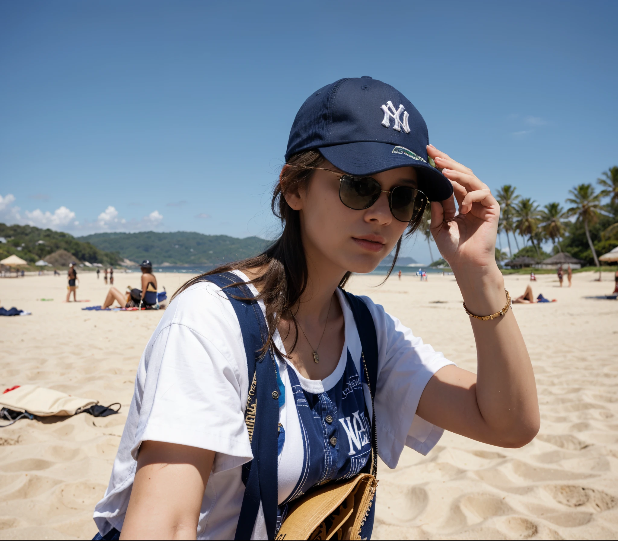 masterpiece, best quality, beautiful quality, photorealistic, looking at viewer, detailed lighting, extremely detailed skin, wearing a new york yankees cap and sunglasses on the beach, wearing sunglasses and a cap, wearing a baseball cap, wearing baseball cap, wearing a baseball hat, wearing a navy blue utility cap, profile shot, wearing a backwards baseball cap, wearing a baseball cap backwards, wearing a travel hat, wearing sunglasses and a hat, beach, in the beach, looking from side