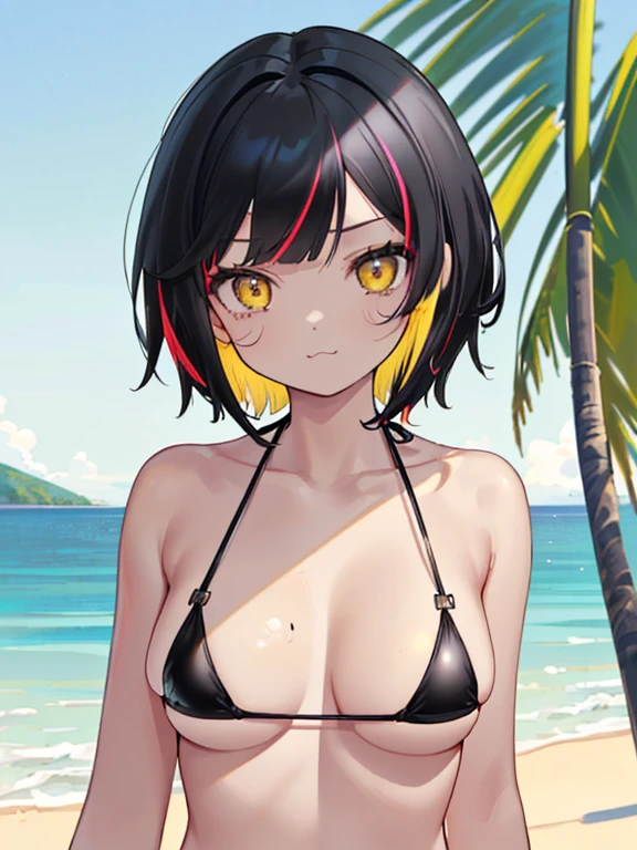 ((masterpiece、top-quality:1.5、a high chroma:1.5、ultra-detailliert、high-resolution illustrations:1.5、Ultra-high-definition CG、8k size wallpaper、offcial art))、((ffront view:1.5)),(1woman,),(cute face:1.5,cute eyes:1.5)、(High Detail、beautiful detail、finely detailed)、
(bored:1.3)、(sexy body),(standing),(Skinny and thin、black micro bikini:1.5)、,(multicolored hair:1.5), (large breasts:1.1)、(oil skin:1.5),(curvy:1.3)、(Portrait:1.5)
,(光る yellow eyes:1.5),(midsummer beach behind:1.5)、(upper body:1.5)、animesque