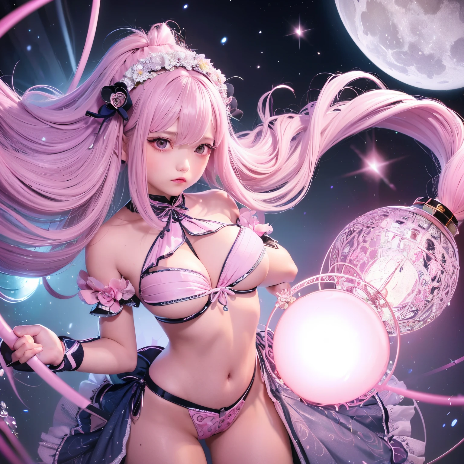 The upper part of the body、one girls、i have silver hair color、Two-tone、(Pink Highlight Hair、Curly hair，floral headband、very Bigger breasts、ultra gigantic tits、Sorcerer、tiny girl、Idol Costumes、off shoulders、I have a pink cane、A magic circle appears、small moon、Luminous effect