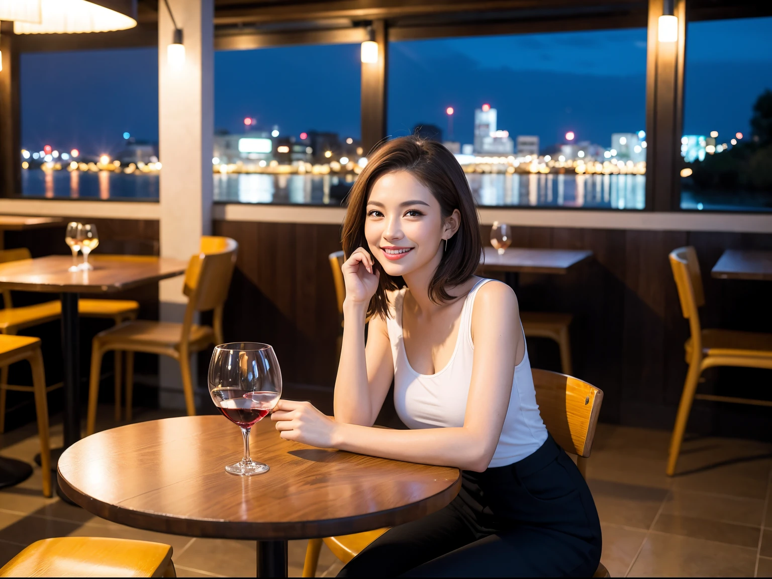(64k uhd, nffsw, of the highest quality, masutepiece: 1.2), (Realistic, Photorealistic: 1.37), super detailed, 1 pretty woman, (Slim Face), (Slim body), (Brown hair), (short-cut), cheeks blush a little, (41 years old), 38 years, Solo, A beautiful night view spreads outside the window, restaurant, Wine glass sitting, At night, In a prominent place (from waist up) NovaFrogStyle, actress, Model, waist-up, white wine, slim, wine glasses, Super clean night view, Wine glass placed in the middle, Happy smile, (Smile: 1.15), Beautiful fine eyes, Upper body, Bust Japan Up, Night, Short, Short, actress, Model, waist-up, white wine, slim, wine glasses, Super clean night view, Wine glass placed in the middle, Happy smile,