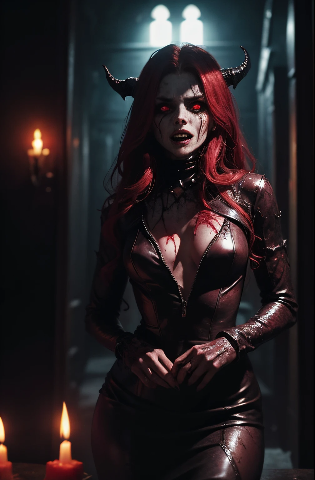 a terrifying mental image of a female figure of pure evil immersed in a hideous and hellish environment, obscure place coming from hell, dark ritual, appearance like a demonic vampire with sinister glowing eyes that evoke instant terror, evil beast, fiend, demon, abyss, infernal, nether, damnation, hellish attire that exude an evil glowing aura, flesh, blood, environment around as a hellscape, distorted shadows, agonizing, obscure, terrifying nightmare, horror, demonic presence, gore, grume, slaughter, carnage, butchery, highest quality, 4k, best composition, depth of field, bloom, lens 1.8, 25 mm, masterpiece