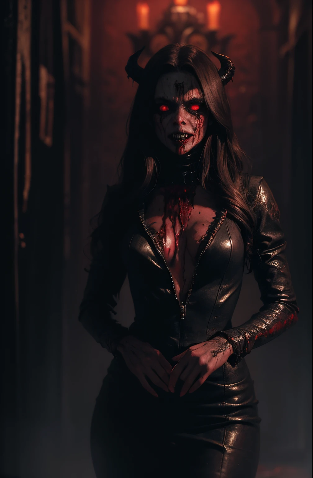 a terrifying mental image of a female figure of pure evil immersed in a hideous and hellish environment, obscure place coming from hell, dark ritual, appearance like a demon with sinister glowing eyes that evoke instant terror, evil beast, fiend, demon, abyss, infernal, nether, damnation, hellish attire that exude an evil glowing aura, flesh, blood, environment around as a hellscape, distorted shadows, agonizing, obscure, terrifying nightmare, horror, demonic presence, gore, grume, slaughter, carnage, butchery, highest quality, 4k, best composition, depth of field, bloom, lens 1.8, 25 mm, masterpiece