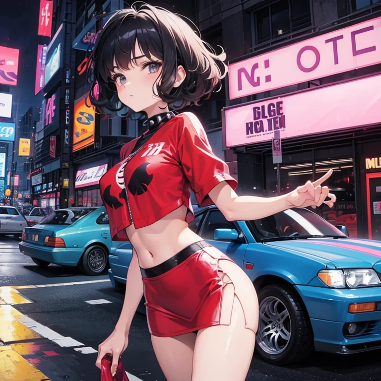 90s style anime of a petite sexy woman with short curly hair a spiky haired man with JDM cars behind them and neon city.