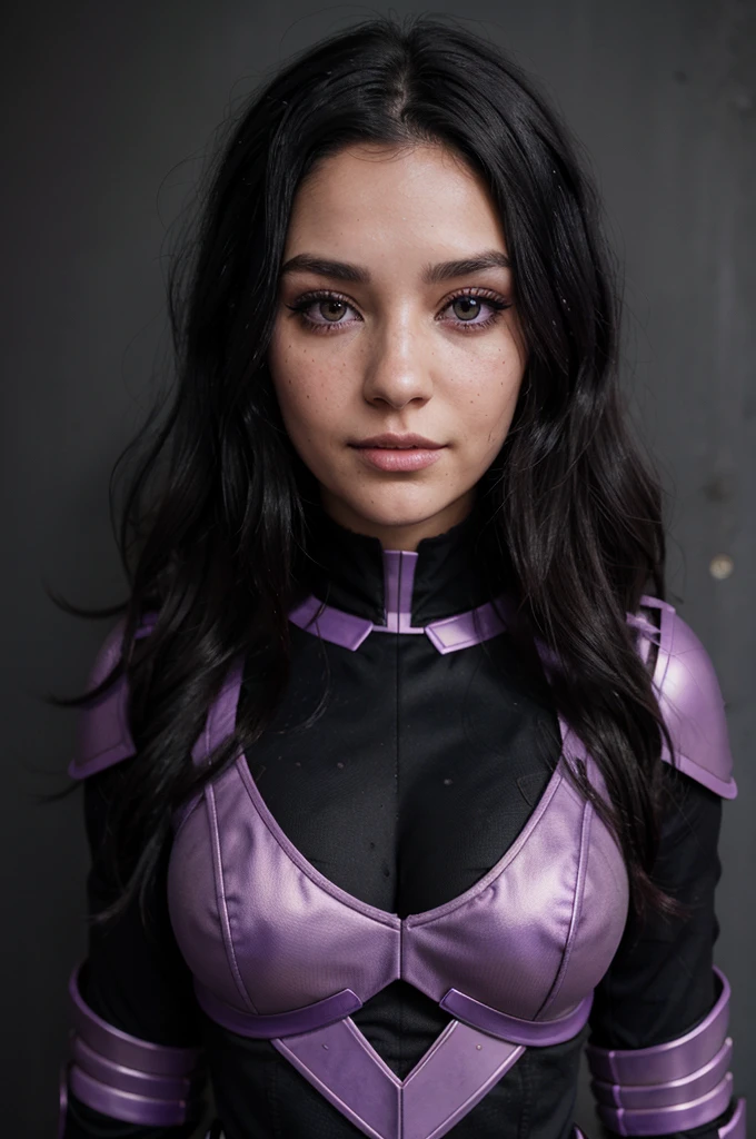 a woman with wavy black hair and purple eyes, black alien armor, freckles, blush, eyeshadow, cute face