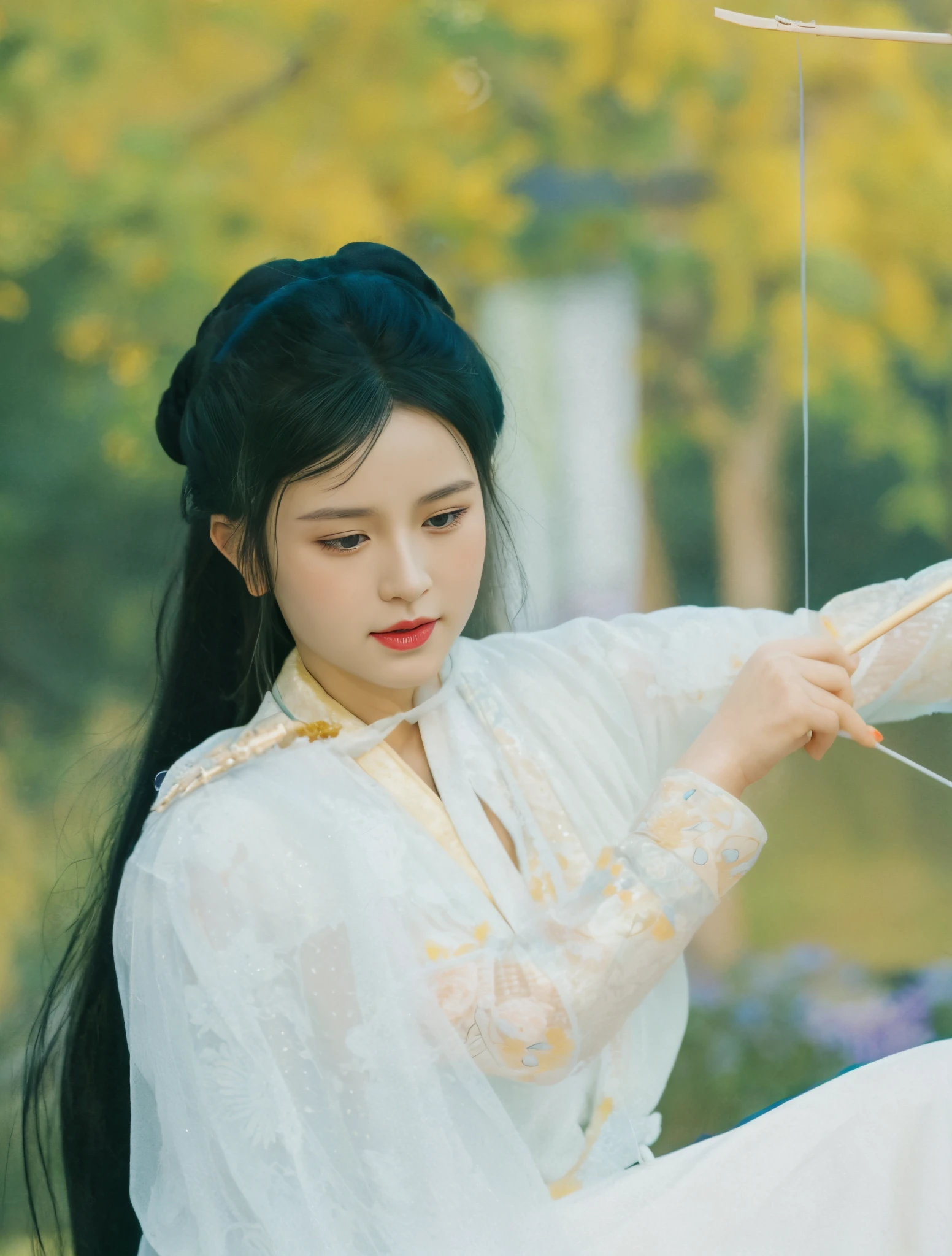 Couple in traditional Chinese clothes holding fans and looking, 宮 ， A girl in Hanfu, white hanfu, Hanfu, Wearing ancient Chinese clothes, Chinese traditional, heise-lian yan fang, Chinese woman, xianxia, china idol, Inspired by Song Huizong, Matches ancient Chinese costumes，フォトリアリスティック，oh oh, Oooooh, Oh, really，largeeyes