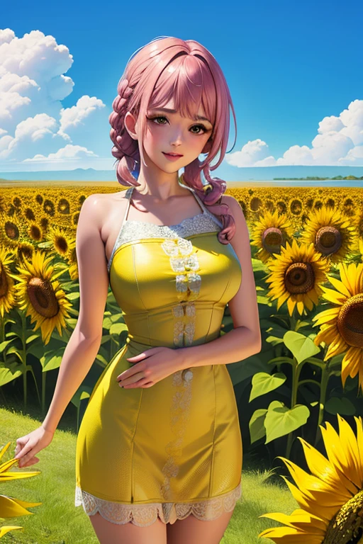 masterpiece, ((ultra detailed background, delicate pattern, intricate detail)), (highly detailed, fine detailest quality, beautiful lighting, (portrait),  Rebecca, 1girl, solo, braid, pink hair, long hair, ((slim girl, medium breasts, cowboy shot)), smile, yellow dress, fluffy dress, brown eyes, complex detailed background, sunflowers, field, outside, nature environment, blue sky, sky, tree, from behind,