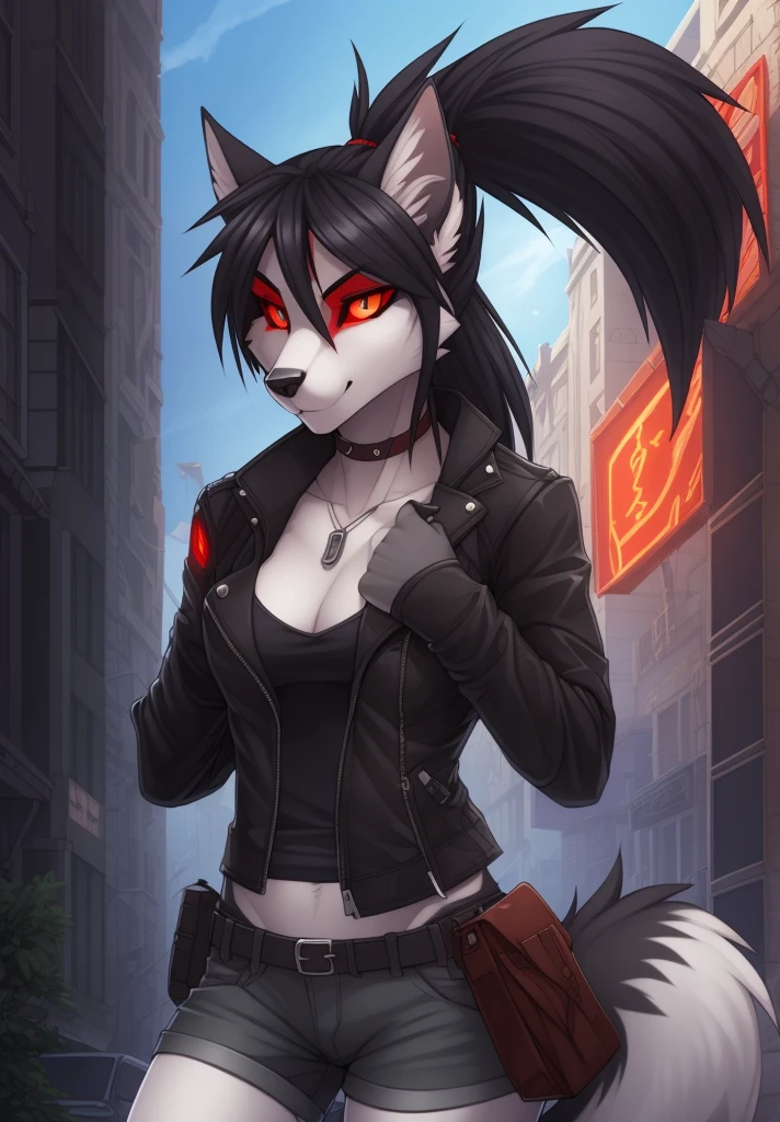 wolfy-nail, by wolfy-nail, anthro, hellhound, ((dark grey fur)), female, solo, 1woman, small breasts, shorts, leather jacket, tube top, ((red sclera)), ((white irises)), wolf tail, ponytail, black hair, city street scene, courier bag, spellbook