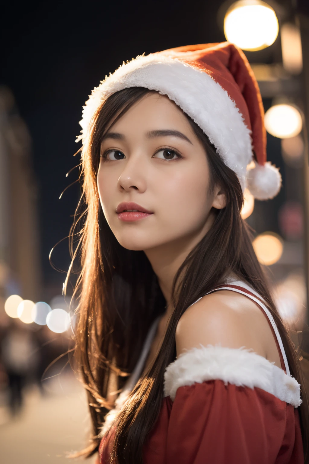 ((santa costume、Santa's Hat、Shoulder out、shot from front))、the shape of the chest is clear,,,、(realisitic、Photorealsitic、ultra-detailliert、Highest Details Skins、top-quality、masterpiece、超A high resolution)、Cute Japan Woman、sixteen years old、hi-school girl、younggirl、Thin makeup、no-makeup、1 girl in、I have bangs、二重まぶた、drooing eyes、Japanese style face、Rustic face、View here、Realistic skin type、fluffy hair、Red cheeks、The wind is blowing、It's snowing、nighttime scene、illuminations、Lighting from behind、ssmile
