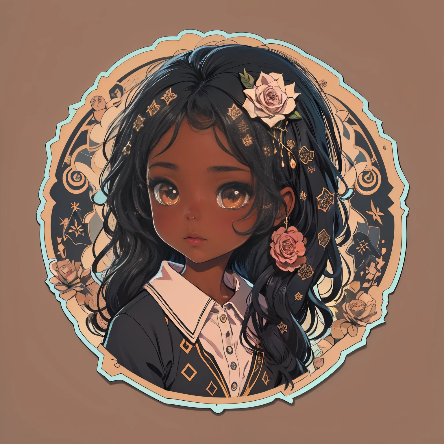 Sticker, Cute black anime girl head, dark skin, Long black hair style,Deep brown eye, cute clothing，gilded in circle, black background, rose pink and gold , Ultra detailed, Detailed drawing, vectorized, Silhouette, 8K, professional sticker design, Flat design, Vector lines, Drawing, Full-HD