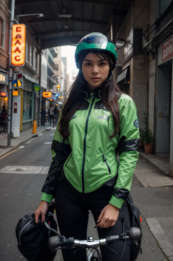 Highest image quality, outstanding details, ultra-high resolution, (realism: 1.4), the best illustration, favor details, highly condensed 1girl, with a delicate and beautiful face, dressed in a black and green mecha, wearing a mecha helmet, holding a directional controller, riding on a motorcycle, the background is a high-tech lighting scene of the future city.