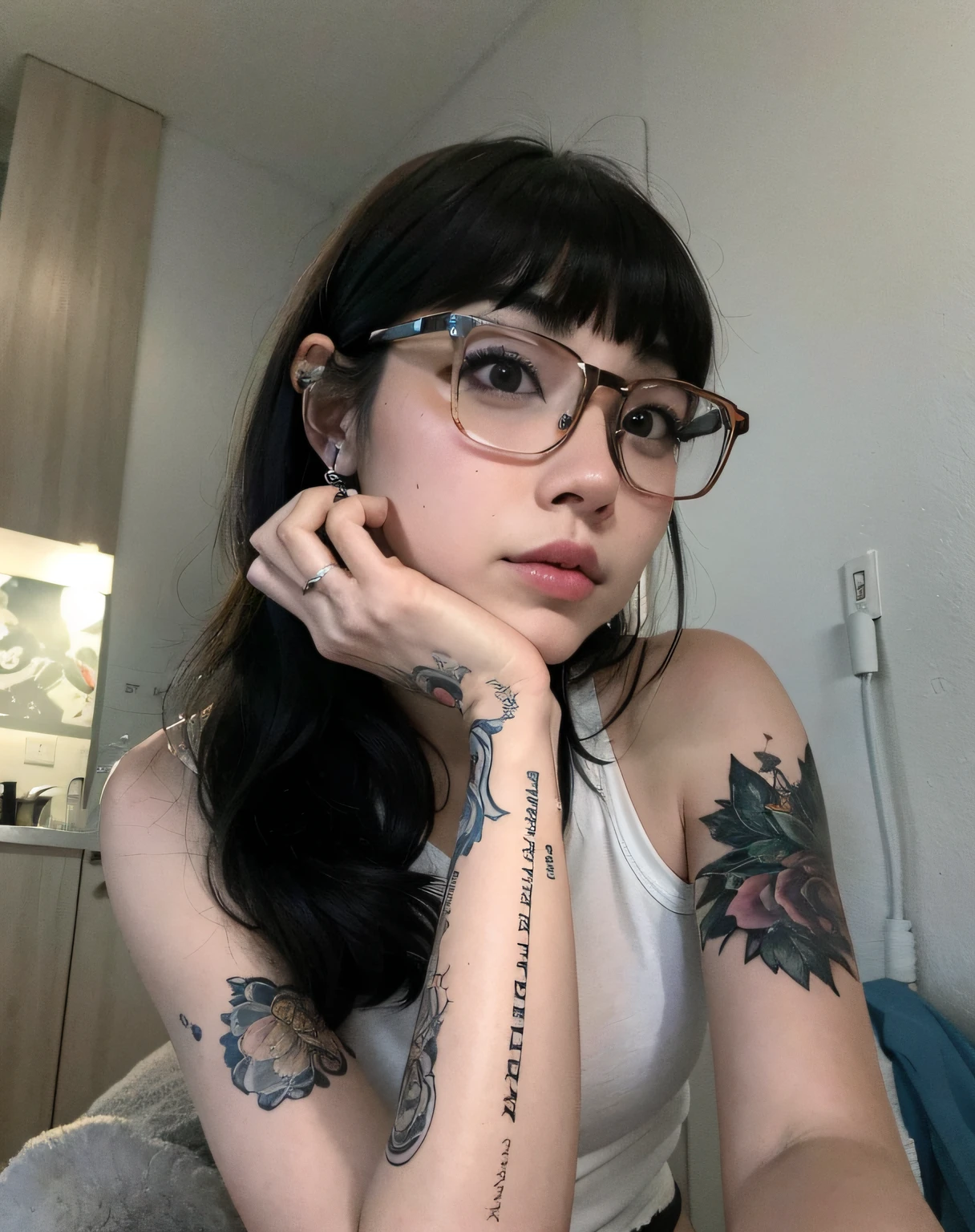 There is a woman with tattoos on her arms and arms, de menina taiwanesa com tatuagens, Coberto, 2 7 anos, 2 8 anos, com tatuagens, 2 9 anos, 2 2 anos, wearing thin large round glasses, linda Delphine, 21 anos, 2 3 anos, With eye Glasses, Tatuado, 2 4 anos