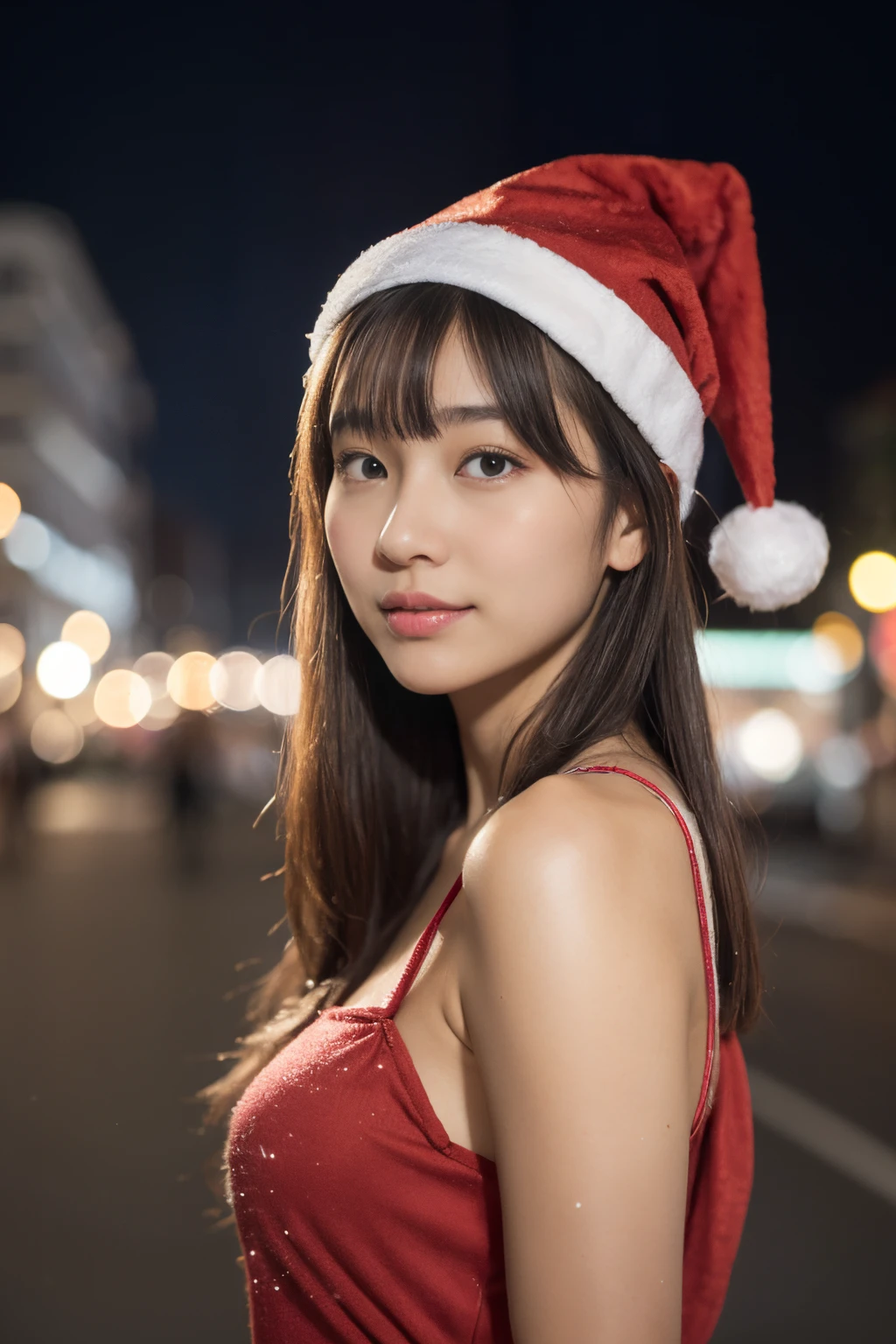 ((Santa Costume、Santa's Hat、Shoulder out、shot from front))、the shape of the chest is clear,,、(realisitic、Photorealsitic、ultra-detailliert、Highest Details Skins、top-quality、​masterpiece、超A high resolution)、Cute Japan Woman、sixteen years old、hi-school girl、younggirl、Thin makeup、no-makeup、1 girl in、I have bangs、二重まぶた、drooing eyes、Japanese style face、Rustic face、View here、Realistic skin type、fluffy hair、Red cheeks、The wind is blowing、It's snowing、nighttime scene、illuminations、Lighting from behind、ssmile