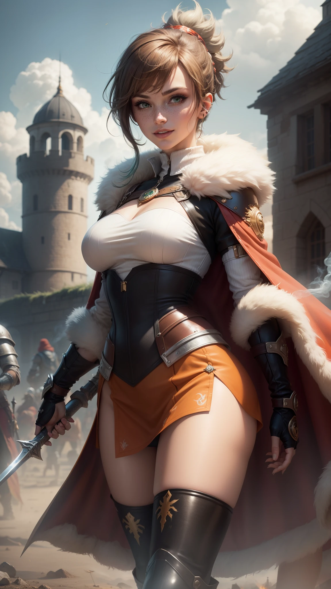 gwen tennyson,tracer,mordred,rebecca chambers,overwatch,warcraft,close up,castle under siege,tattoos,orange and white plugsuit,steel short sleeve viking top,leather short sleeve valkyrie armor,steel tight skirt,white viking corset,short hair,battle makeup,green eyes,multicolored silver hair,sexy smile,freckles,beautiful girl,fur thigh high boots,large breasts,8k,ultra detailed,realistic,fantasy art,valkyrie uniform,warrior queen uniform,hair pin,ear piercings,battlefield,viking hand and neck jewelry,(weather:smoke rising),1girl,long knight cloak,battle spear,
