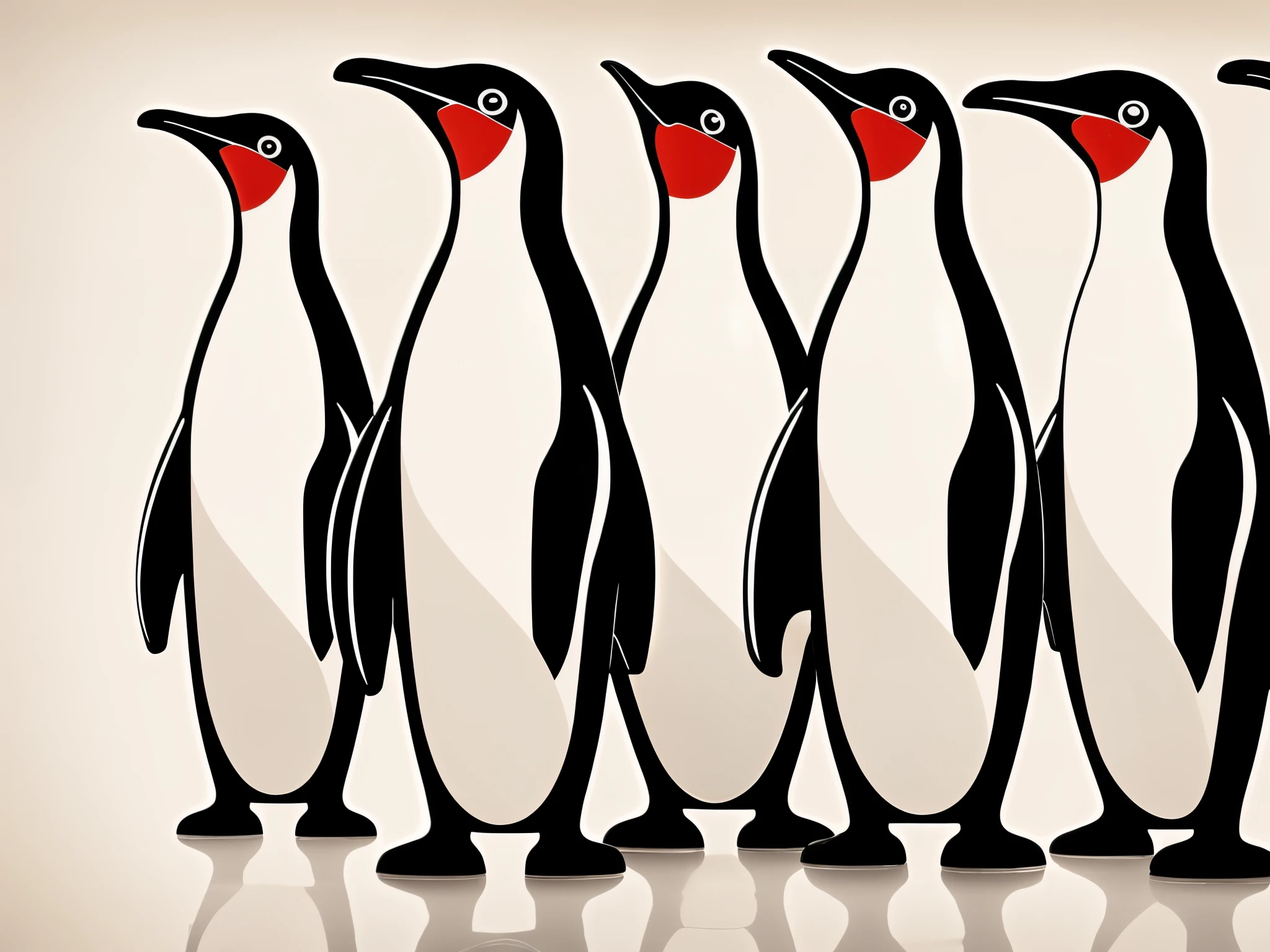 Exquisite Detail, Mesmerizing, Astonishing Snapshot, A Masterpiece, A vintage black bowling ball, a classic white bowling pin, decorated with iconic red zig-zag graphics and ten penguins in a line, all but one facing the same direction, standing like bowling pin skittles, in black, white and yellow