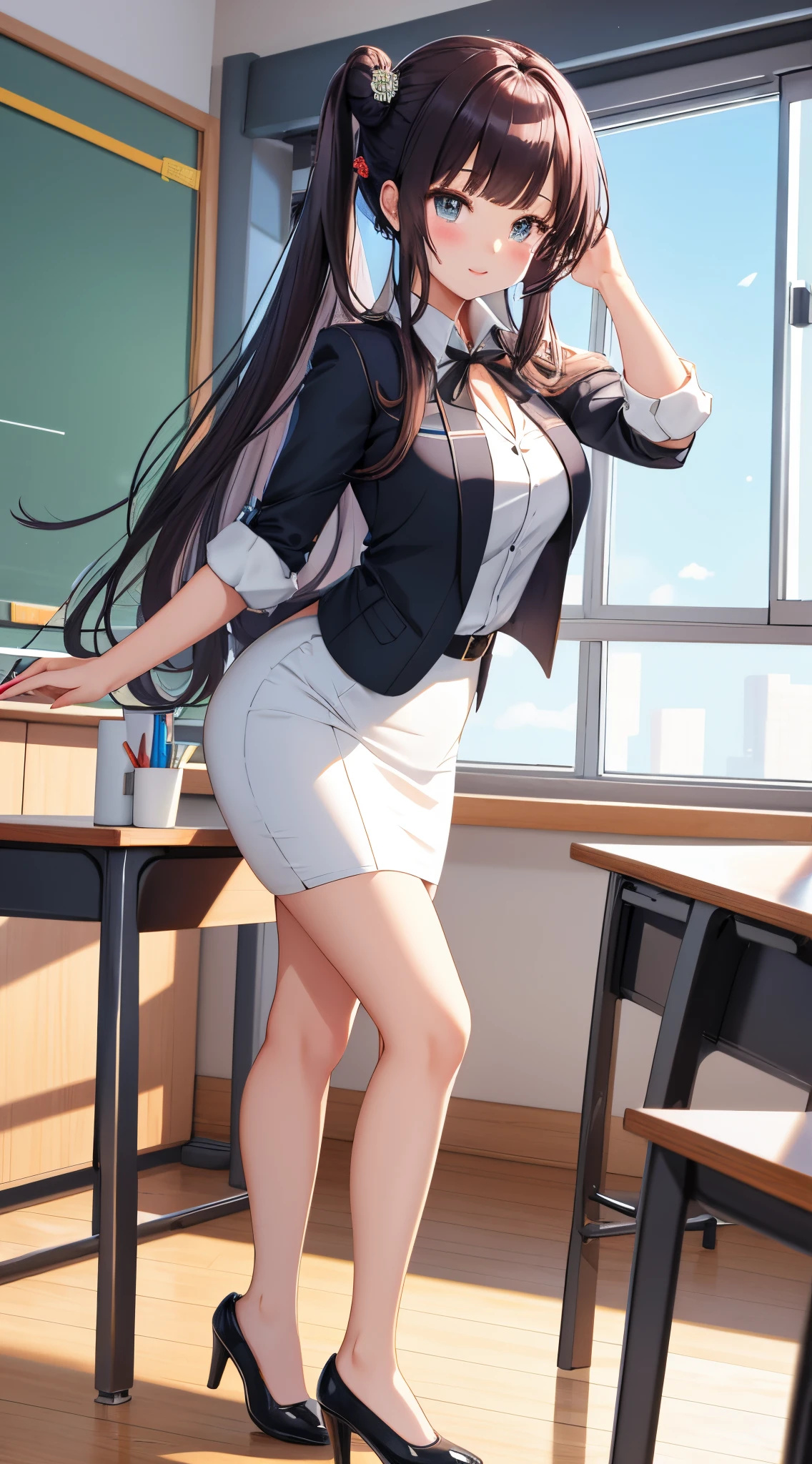 (best quality), 1 girl, ultra-detailed, illustration, yang guifei, classroom, (teacher), white blouse, (pencil skirt), heeled shoes, standing