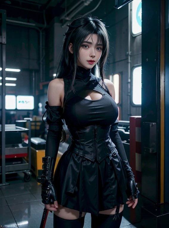 There was a woman with huge breasts wearing a corset and black and white clothes., wearing techwear and armor, cyberpunk outfits, wearing japanese techwear, intriguing outfit, All black cyberpunk clothes, cyberpunk style outfit, female cyberpunk anime girl, cyberpunk streetwear, Cyberpunk Dress, Anime Girl , photography of a techwear woman, Cyberpunk Anime Girl, wearing cyberpunk streetwear, maid clothes