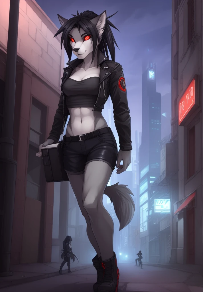 wolfy-nail, by wolfy-nail, anthro, hellhound, ((dark grey fur)), female, solo, 1woman, medium breasts, shorts, leather jacket, tube top, ((red sclera)), ((white irises)), wolf tail, ponytail, black hair, city street scene, courier bag, spellbook