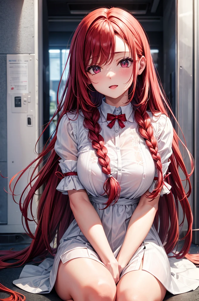 red braids, long red hair, pink eyes, small breast, white clothes, girl, adult, doggystyle position, sex, xxx