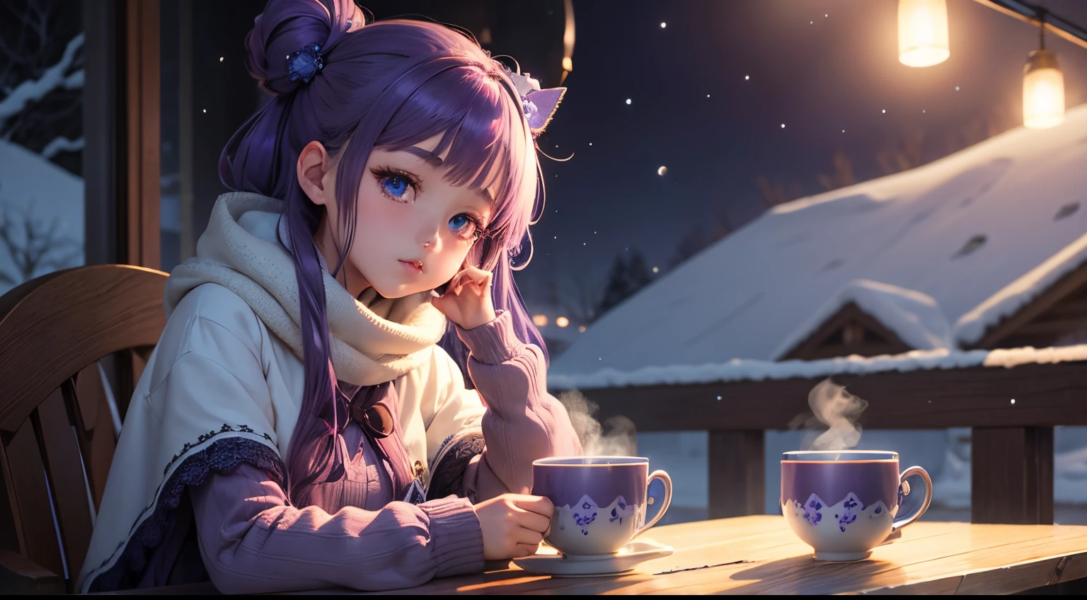 "Moonlit Melodies": Anime girl cup of coffee a winter serene moonlit scene with calming blues and purples.
