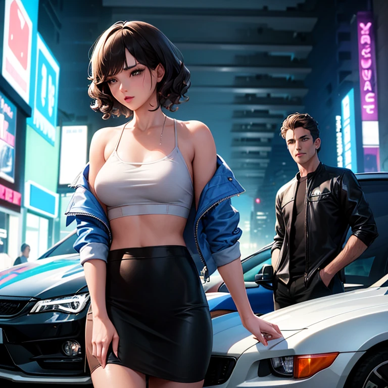 petite sexy woman with short curly hair has a wavy haired man standing beside her with JDM cars behind them and neon city.