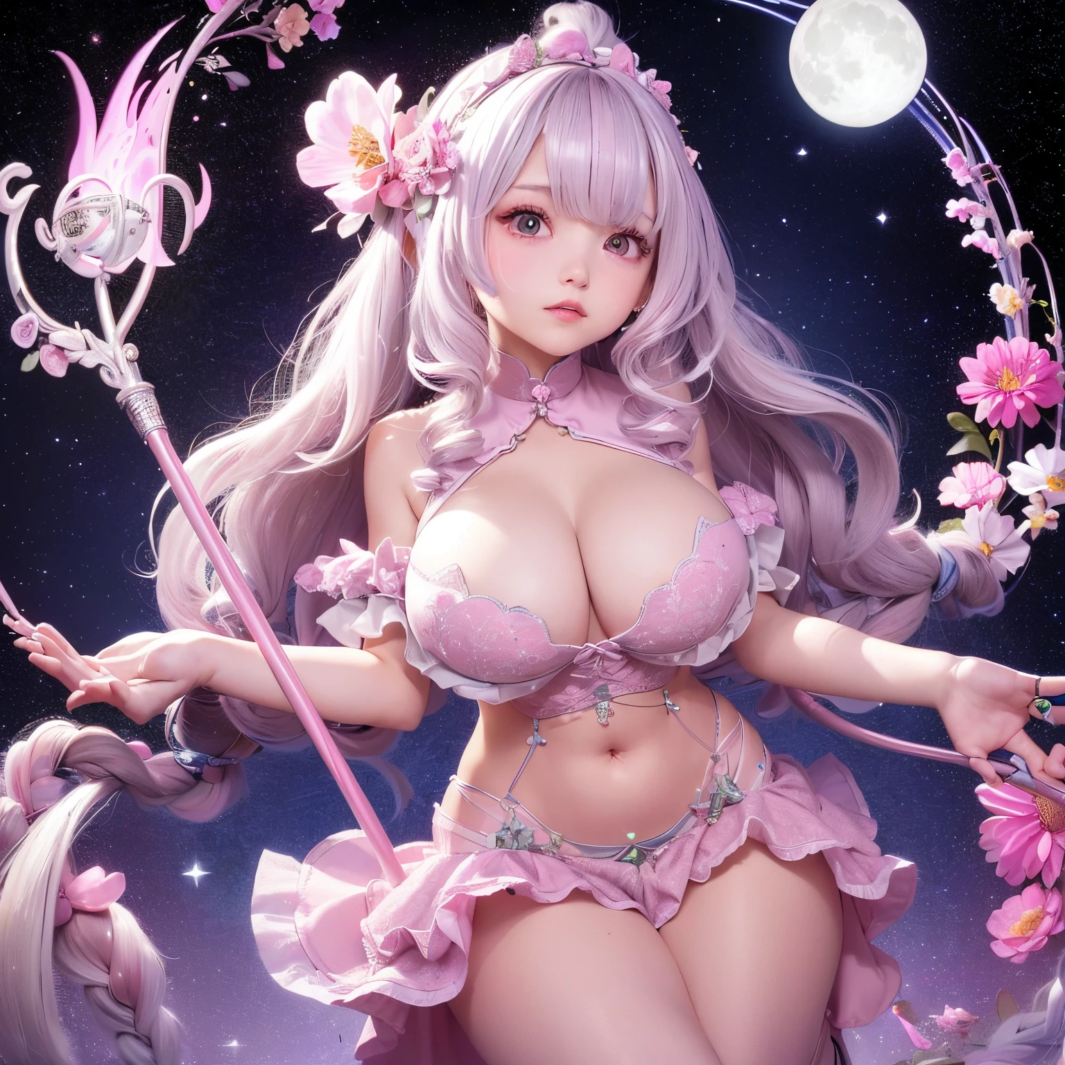 The upper part of the body、one girls、i have silver hair color、Two-tone、(Pink Highlight Hair、Curly hair,floral headband、very Bigger breasts、ultra gigantic tits、Sorcerer、tiny girl、Idol Costumes、off shoulders、I have a pink cane、A magic circle appears、small moon、Luminous effect