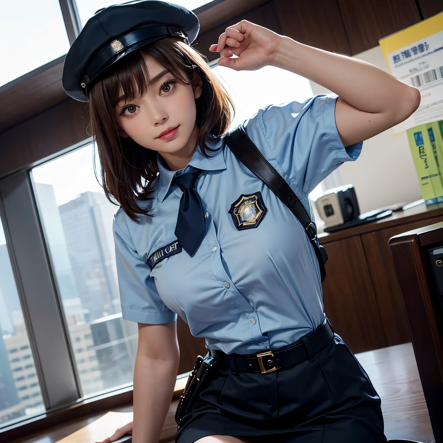 masutepiece , High resolution , 8K Best Quality , realistic detailed , 1womanl , brown bob Hair , Silky hair , Brown sharp eyes , Attractive eyes , Police Girl , Wearing a police station dress, Female Police Uniforms in Japan, Light blue short-sleeved shirt, Navy tie, Knee-length skirt, Belt bag,, Police Hat, Cuffed、s Office、a smile、violation ticket