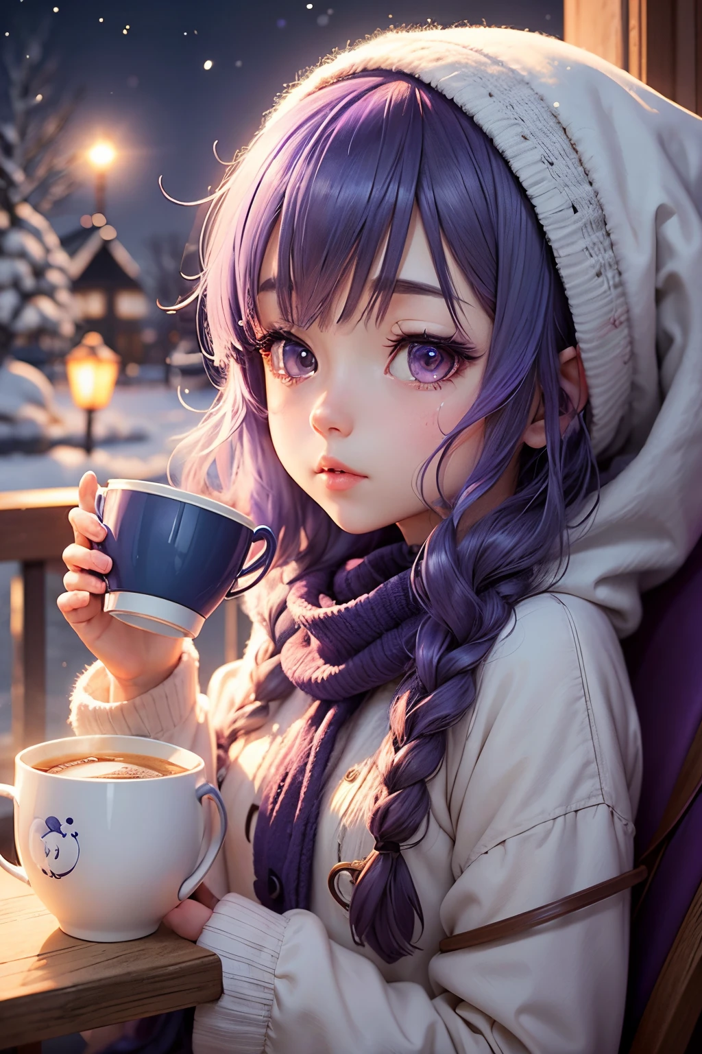 "Moonlit Melodies": Anime girl cup of coffee a winter serene moonlit scene with calming blues and purples.