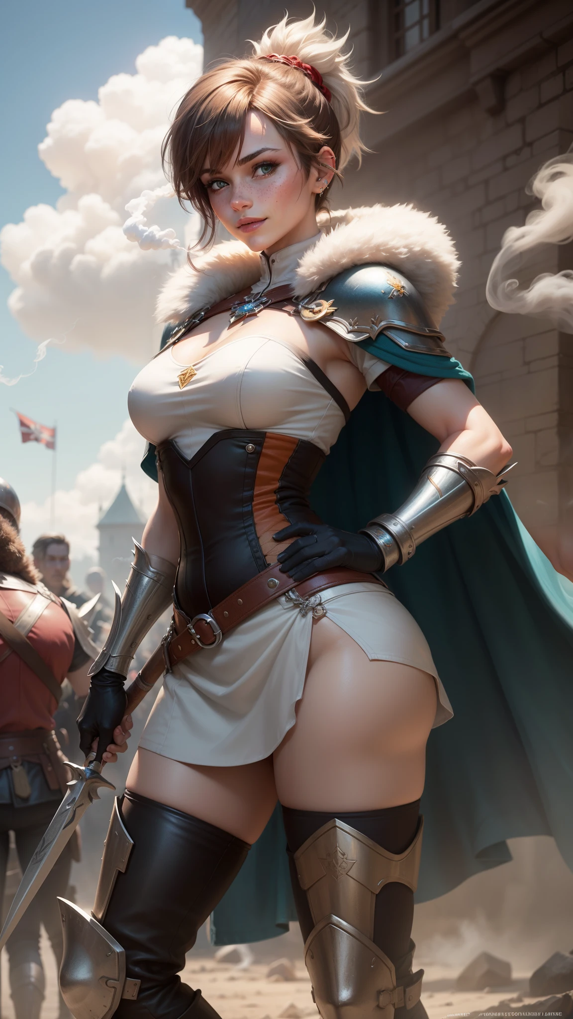 gwen tennyson,mordred,tracer,rebecca chambers,overwatch,warcraft,close up,castle under siege,tattoos,orange and white plugsuit,steel short sleeve viking top,leather short sleeve valkyrie armor,steel tight skirt,white viking corset,short hair,battle makeup,green eyes,multicolored silver hair,sexy smile,freckles,beautiful girl,fur thigh high boots,large breasts,8k,ultra detailed,realistic,fantasy art,valkyrie uniform,warrior queen uniform,hair pin,ear piercings,battlefield,viking hand and neck jewelry,(weather:smoke rising),1girl,long knight cloak,spear,