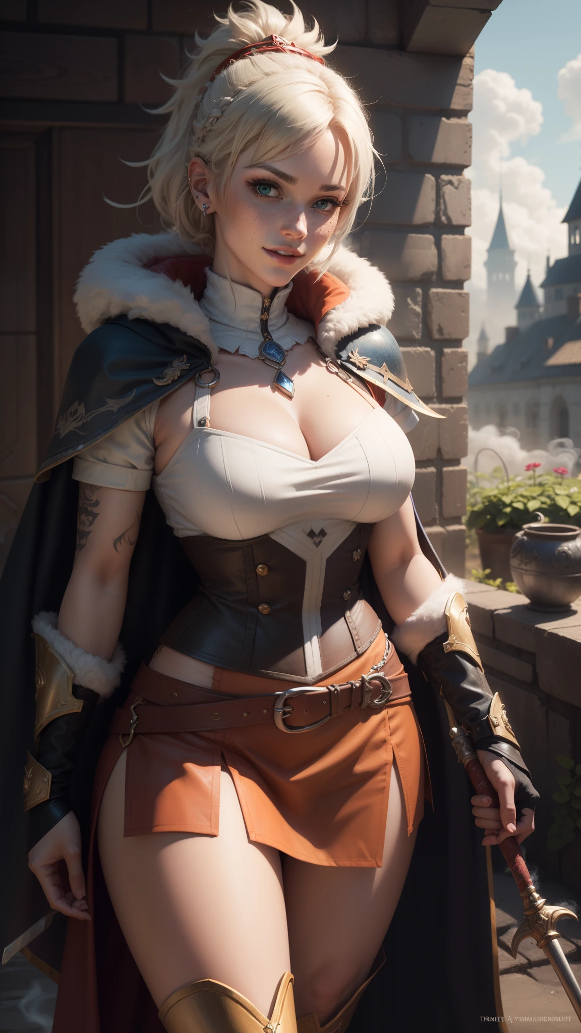 gwen tennyson,y'shtola rhul,yorha 2b, tracer,nier automata,overwatch,close up, mecha pilot,rose garden,tattoos,blue and pink plugsuit,white short sleeve medieval top,victorian goth micro shorts,white garter belt,fishnet corset,short hair,punk makeup,green eyes,multicolored silver hair,sexy smile, freckles,beautiful girl,large breasts,8k, ultra detailed,realistic,fantasy art,fur armor,steel armor,royal uniform,queen cape,ear piercings,hair pin,saiyan girl, saiyan female,royal crown,castle flags, queen scepter,royal guard,