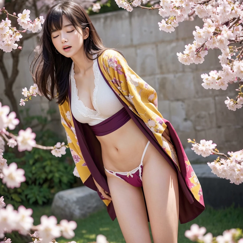 (Purple kimono)、(top-quality,​masterpiece:1.3,超A high resolution,),(ultra-detailliert,Caustics),(Photorealsitic:1.4,RAW shooting,)Ultra-realistic capture,A highly detailed,high-definition16Kfor human skin、 Natural Skin Texture、、The skin looks healthy with an even tone、 Use natural light and color,One Woman,japanes,kawaii,A dark-haired,Face with closed eyes, open mouth and yawning、very big hair,(depth of fields、chromatic abberation、、Wide range of lighting、Natural Shading、)、(Cherry blossoms in the air:1.2)、(Hair swaying in the wind:1.2)、(Cherry blossoms reflect light:1.1)、Cleavage can be seen through the exposed kimono、Legs visible through exposed kimono（Red garter belt、Crotch visible through exposed kimono、Kneel, spread your legs and look up、(Hair swaying in the wind:1.2)、 Background with: Castle at night、Perfect anatomical body proportions、Legs open and thighs open:2.8、small red micro panties、Panty shot from below、garterbelts、Facing forward、 M-shaped legs:2.8、wide open the crotch、Bend your knees、(Legs wide open)、Open your thighs、lift your butt to the limit、Yellow water drips from genitals