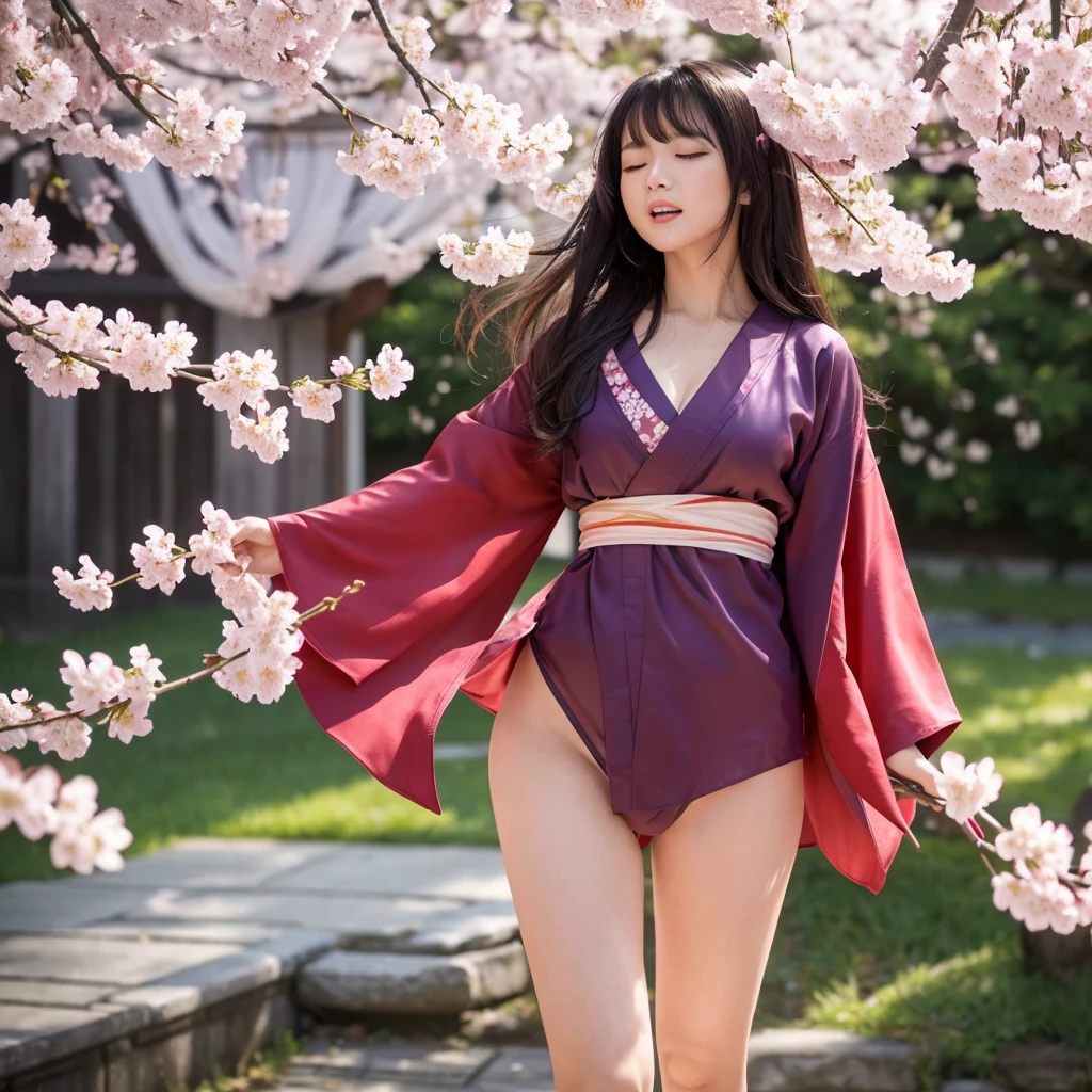 (Purple kimono)、(top-quality,masterpiece:1.3,超A high resolution,),(ultra-detailliert,Caustics),(Photorealsitic:1.4,RAW shooting,)Ultra-realistic capture,A highly detailed,high-definition16Kfor human skin、 Natural Skin Texture、、The skin looks healthy with an even tone、 Use natural light and color,One Woman,japanes,kawaii,A dark-haired,Face with closed eyes, open mouth and yawning、very big hair,(depth of fields、chromatic abberation、、Wide range of lighting、Natural Shading、)、(Cherry blossoms in the air:1.2)、(Hair swaying in the wind:1.2)、(Cherry blossoms reflect light:1.1)、Cleavage can be seen through the exposed kimono、Legs visible through exposed kimono(Red garter belt、Crotch visible through exposed kimono、Kneel, spread your legs and look up、(Hair swaying in the wind:1.2)、 Background with: Castle at night、Perfect anatomical body proportions、Legs open and thighs open:2.8、small red micro panties、Panty shot from below、garterbelts、Facing forward、 M-shaped legs:2.8、wide open the crotch、Bend your knees、(Legs wide open)、Open your thighs、lift your butt to the limit、Yellow water drips from genitals
